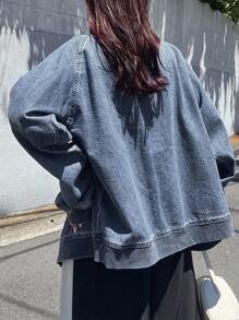 FRIFUL 女士休闲宽松水洗超大牛仔夹克牛仔美学衣服 - 藍色 - 查看 6