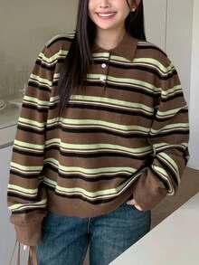 Dazy Plus Sweter damski w paski z kołnierzykiem polo i luźnym krojem w dużych rozmiarach, uniwersalny na jesień/zimę - Brązowy - Zobacz 11