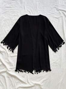 Soleia Open Front Drop Shoulder Tassel Hem Kimono Summer - Black - View 2