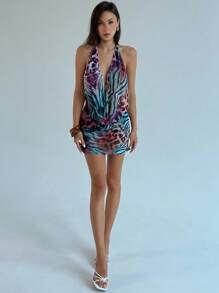 Aloruh 女式性感露背垂坠领斑马纹连衣裙 - 彩色 - 查看 6