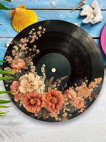 复古花卉黑胶唱片金属标牌 - 圆形铁艺墙饰，2D印刷复古装饰，完美适用于家居、厨房、花园和办公室 - 独特的圣诞礼物创意，金属墙饰，金属墙面装饰，理想的房间装饰（非真正的黑胶唱片） - 彩色 - 查看 5