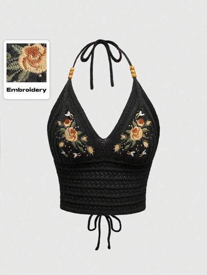Hippie Nature-Inspired Cute & Pure Vacation Rose Plant Bee Embroidery Halter Neck Knitwear Top For Women