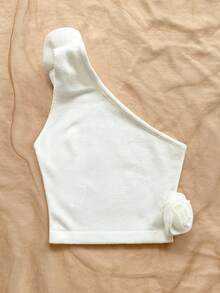 Soleia 春夏波西米亚风单肩手工 3D 花朵修身女式毛衣，适合度假、音乐节、节日约会、下午茶奶油背心玫瑰上衣可爱短款上衣奶油上衣单肩上衣 - 白色 - 查看 2