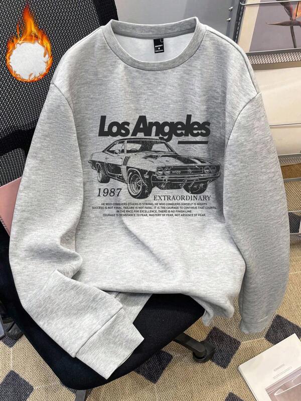 Manfinity Joysei Fashionable Casual Young Retro Car Letter Graphic Print Pullover Crew Neck Sweatshirt, Thermal Lined, Suitable For Autumn/Winter, Dates, Gatherings, Outfit, Couples, Family Matching, Great Gift For Boyfriend