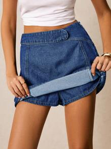 Poéselle 女式高腰侧拉链休闲牛仔短裙 - 深色水洗藍 - 查看 1