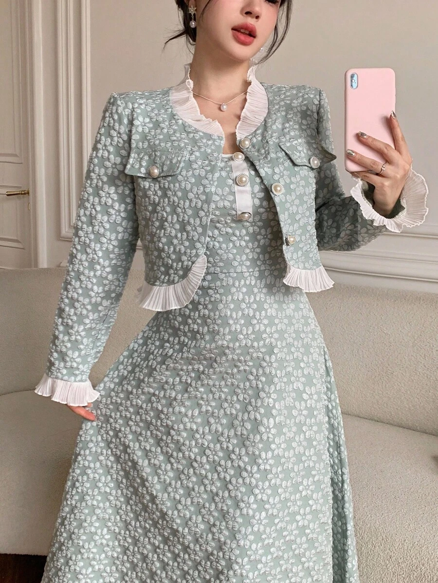Modelyn Bộ 2 váy vest jacquard thanh lịch - Màu xanh Bạc hà - Xem 1