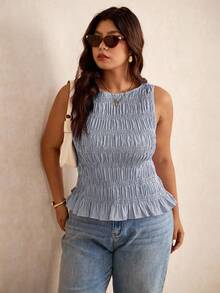 Elaquor Camiseta sin mangas con volantes y rayas para mujer de talla grande - Azul Marino - Ver 6