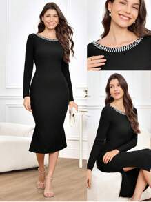 Medorina Fall/Winter Beaded Long Sleeve Fitted Elegant Knit Midi Dress,Black,Autumn,Wedding Guest,Side Slit,Date Night,Party,Glamour Women Clothes - Black - View 3