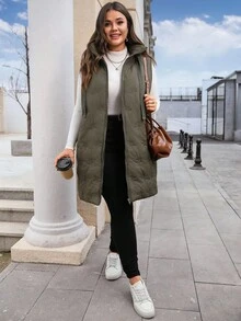 EMERY ROSE Plus Size Women Zipper Front Pockets Drawstring Hooded Sleeveless Winter Jacket,Winter Clothes,Chic Autumn&Winter Fall - Army Green - View 6