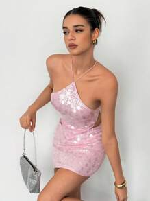 SHEIN Tall Conjunto de 2 piezas de top halter con espalda descubierta y minifalda con lentejuelas para mujer