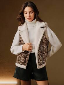 Anewsta Women's Leopard Print Composite Vest Jacket, Everyday Autumn, Fall, Winter , Work, Party, Wedding, Chic New Year - Black and White - View 5