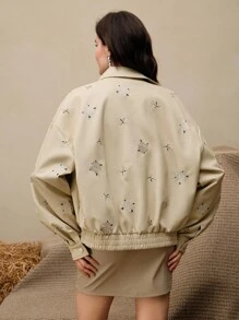 Anewsta Casual Fashion Versatile Long Sleeve Zip-Up Embroidered Short Women Leather Jacket - Apricot - View 9