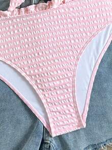 Swim Mod Bộ đồ bơi đi biển cho nữ, vải kẻ sọc hồng trắng có họa tiết, viền nhún bèo, dây đeo rời, thiết kế bandeau, bộ đồ bơi đi biển thường ngày thời trang và ngọt ngào - Hồng - Xem 5