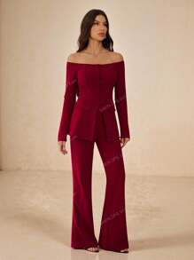 SHEIN Tall Women Plain Front Button Long Sleeve Off Shoulder Minimalist Top And Long Pants Suit Set In Fall/Winter