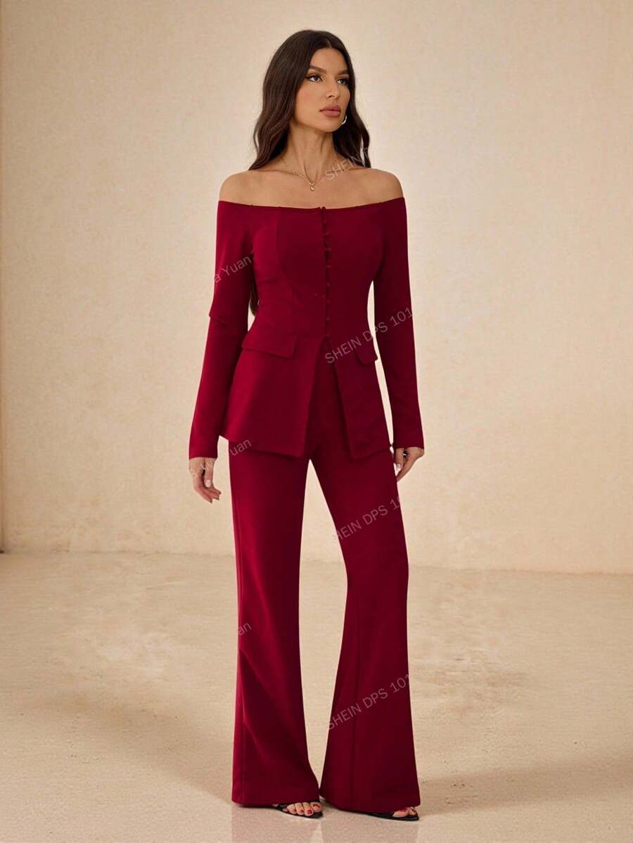 SHEIN Tall Women Plain Front Button Long Sleeve Off Shoulder Minimalist Top And Long Pants Suit Set In Fall/Winter