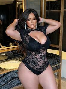 NU&NOW Plus Size Fashionable Elegant Sexy Lace Bodysuit - Black - View 7