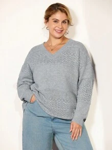 Momelise Plus Size Solid Color Hollow Out Knit Sweater, Casual For Autumn/Winter Fall Cloth For Women - Light Grey - View 3