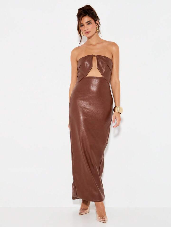 KIZN Strapless Bandeau Cut Out Faux Leather Maxi Dress｜kizn
