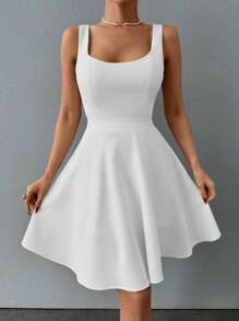 EURMUSE Solid Scoop Neck Flare Hem Dress - White - View 6