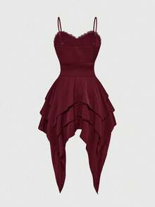 ROMWE Gaun Wanita Gaya Gothic Vintage Musim Semi/Panas dengan Rantai Logam, Tali Pinggang yang Dapat Dilepas, dan Hem Berlapis Asimetris - Burgundy - View 2