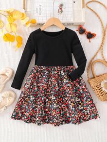 Emery Rose Kids Emery Rose Kids Young Girl Ribbed Fitted Patchwork Ditsy Floral Round Neck Long Sleeve Fitted Casual Cake A-Line Dress,Autumn Winter New Arrival,Daily Wear, School, Autumn & Winter Fall - Black - View 3