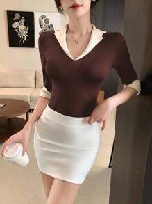 DAZY 女士优雅通勤撞色休闲T恤 - 咖啡棕 - 查看 6