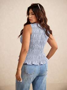 Elaquor Camiseta sin mangas con volantes y rayas para mujer de talla grande - Azul Marino - Ver 2