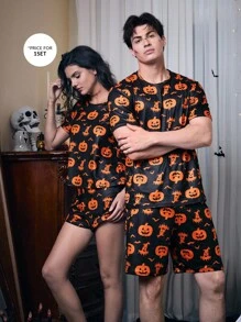 CoupledUp Halloween Pumpkin Print Short Sleeve Shorts Men Pajama Set - Multicolor - View 7