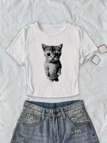 INAWLY 女士修身猫咪印花短款 T 恤，夏季女士上衣 - 白色 - 查看 1