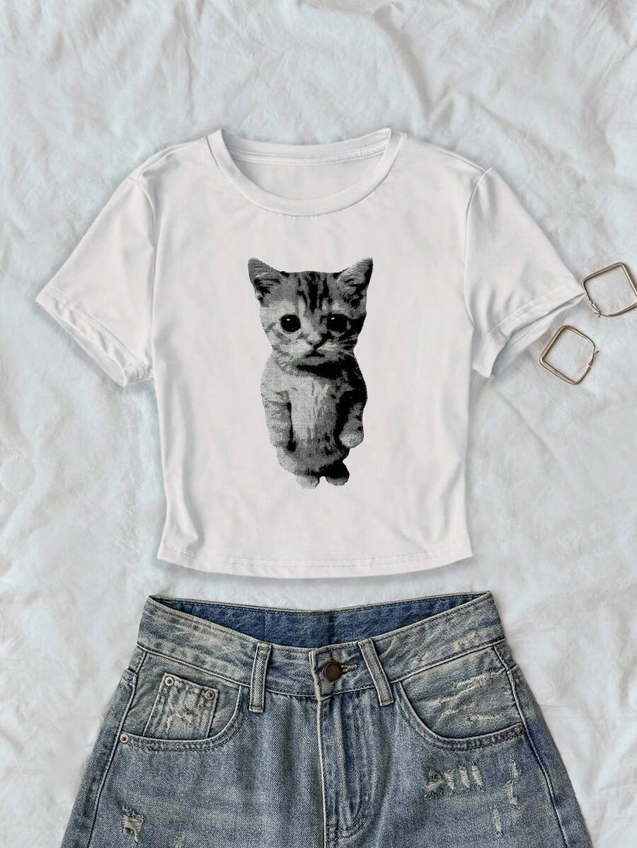 INAWLY 女士修身猫咪印花短款 T 恤，夏季女士上衣 - 白色 - 查看 1