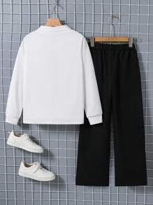 Tween Boy Casual Letter Print T-Shirt And Pants Set Chic Outfits For Autumn/Winter - White - View 2