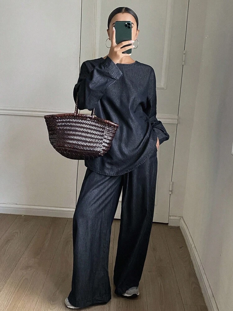 2pcs Women Casual Denim Crew Neck Loose Pullover Top And Drawstring Waist Wide Leg Pants Set