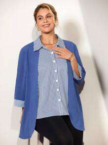 Momelise 大码条纹拼布长袖开衫，纽扣长袖二合一衬衫上衣，秋冬