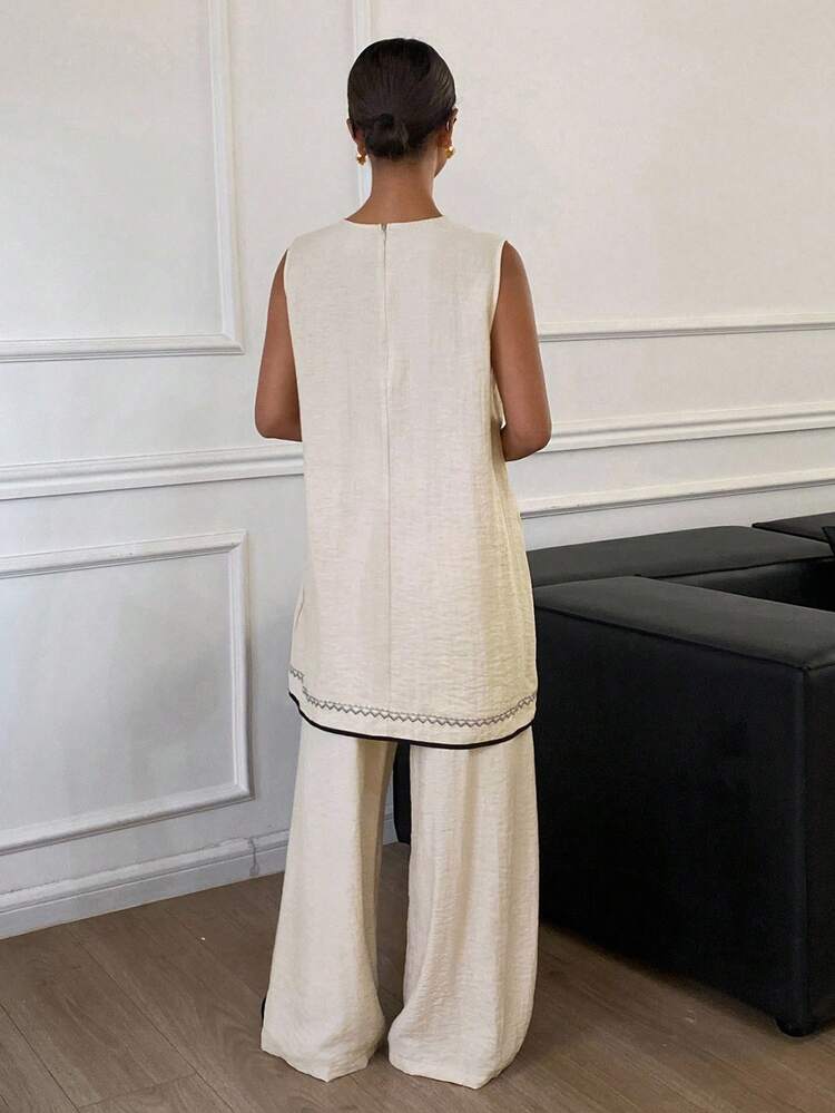Women's Round Neck Sleeveless Top And Wide Leg Loose Pants 2 Pieces Set