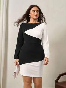 Chikora 大码拼色圆领长袖修身时尚连衣裙 - 黑與白 - 查看 5