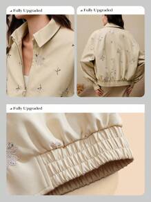 Anewsta Casual Fashion Versatile Long Sleeve Zip-Up Embroidered Short Women Leather Jacket - Apricot - View 3