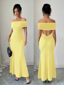 Rafferiza New Off Shoulder Backless Maxi Dress, Fitted Mermaid Silhouette Summer Dress Clothes For University - Yellow - View 1