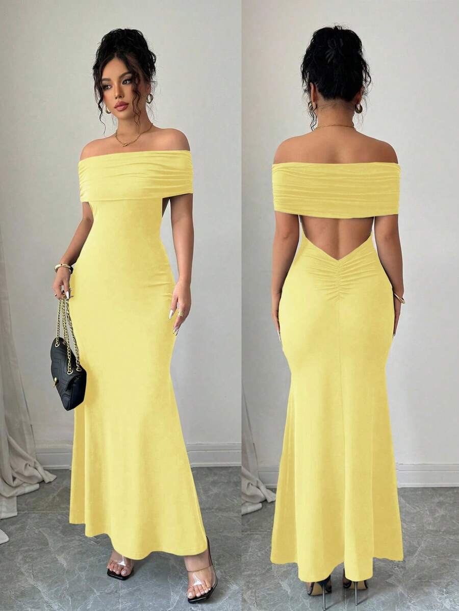 Rafferiza New Off Shoulder Backless Maxi Dress, Fitted Mermaid Silhouette Summer Dress Clothes For University - Yellow - View 1