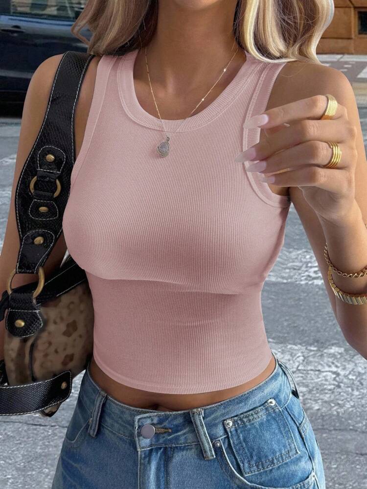 Women's Slim Fit Ribbed Crew Neck Casual Solid Color Tank Top Crop Tops Women