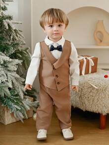 SHEIN 3pcs Baby Boys Gentleman Style Outfit,White Shirt,Khaki Vest & Pants,Formal,Summer,Birthday,Brown And White Polka Dot,Wedding Suit,Infant Formal Wear - Khaki - View 6