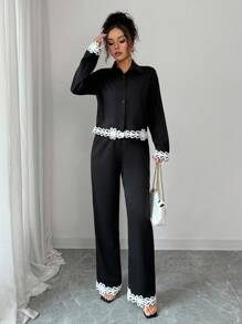 Elenzga 2pcs Women's Collared Floral Lace Patchwork Shirt And Pants Set - Black - View 5