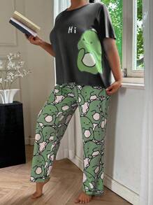 SHEIN Cute Dinosaur Print Short Sleeve & Long Pants Plus Size Pajama Set Green Pj Set Dinosaur Pajamas