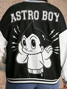 Astro Boy X SHEIN Plus Size Casual Everyday Contrast Color Cartoon Graphic Jacket Winter Fall Autumn - Black and White - View 7