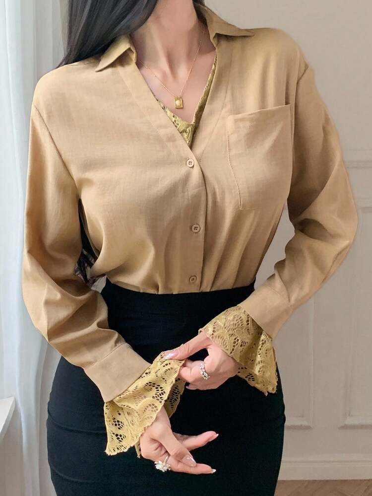 Casual Lace Patchwork Women Blouse Long Sleeve