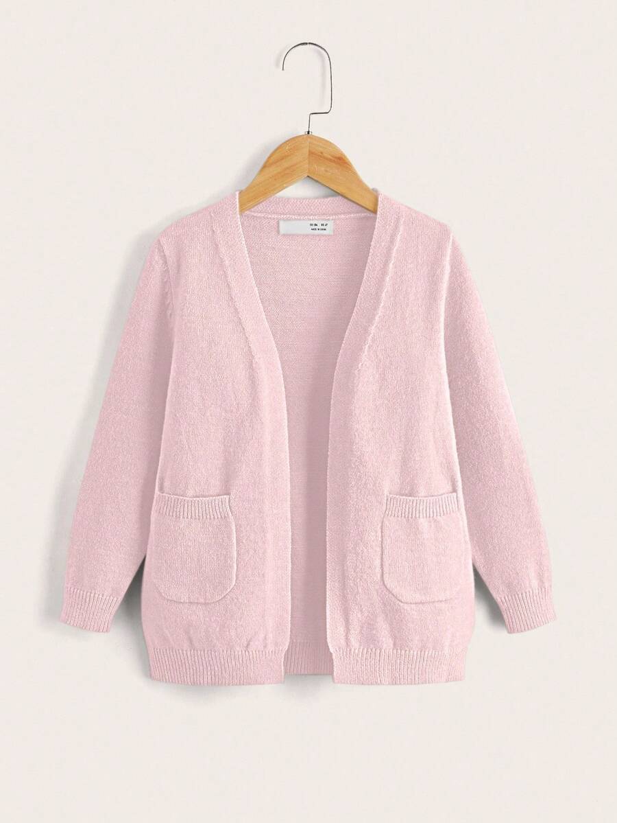 SHEIN Áo khoác cardigan dệt kim dài tay màu trơn có hai túi cho bé gái mùa thu/đông - Hồng - Xem 1