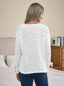 EMERY ROSE Casual Versatile Minimalist Solid Color Textured Long Sleeve T-Shirt - White - View 2
