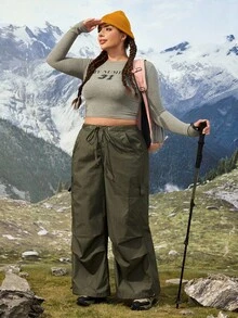 SHEIN Essnce 大码女式抽绳腰带口袋阔腿宽松休闲牛仔裤 - 軍綠色 - 查看 6