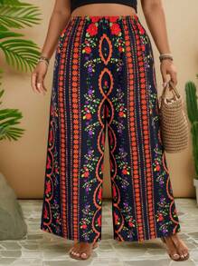 Travachic Damen Große Größen Schwarze & Rote Blumen Weite Hose, Urlaubs Weite Hose Weite Hose Frau Strand Resort Tragen Frauen Ibiza Boho Hose