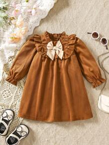 SHEIN Vestido Casual de Outono/Inverno para Meninas Bebê com Bloco de Cores Elegante e Decoração de Laço - Castanho - Visão 3