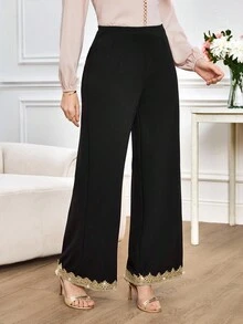 Miaspire Women's Fall And Winter Trousers, Women's Wide-Leg Trousers, Sequin Embroidery Lace Splicing Design Elements, Suitable For Wedding Guests To Wear, Versatile Black Elegant Trousers, Women's Trousers For Going Out And Partying Occasions,Lack Pants - Black - View 3
